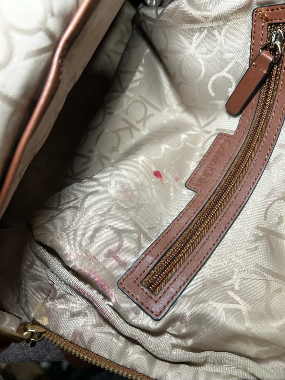 Calvin Klein Brown Logo Print Backpack Zip Front Pocket Gold Hardware